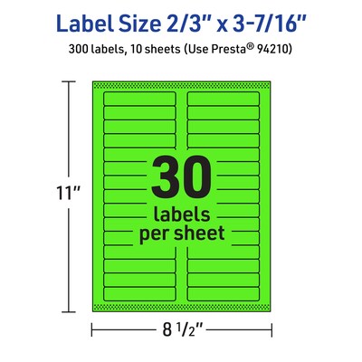 Avery Rectangle Multipurpose Labels, 2/3" x 3-7/16", Neon Green, 300/Pack (94210)
