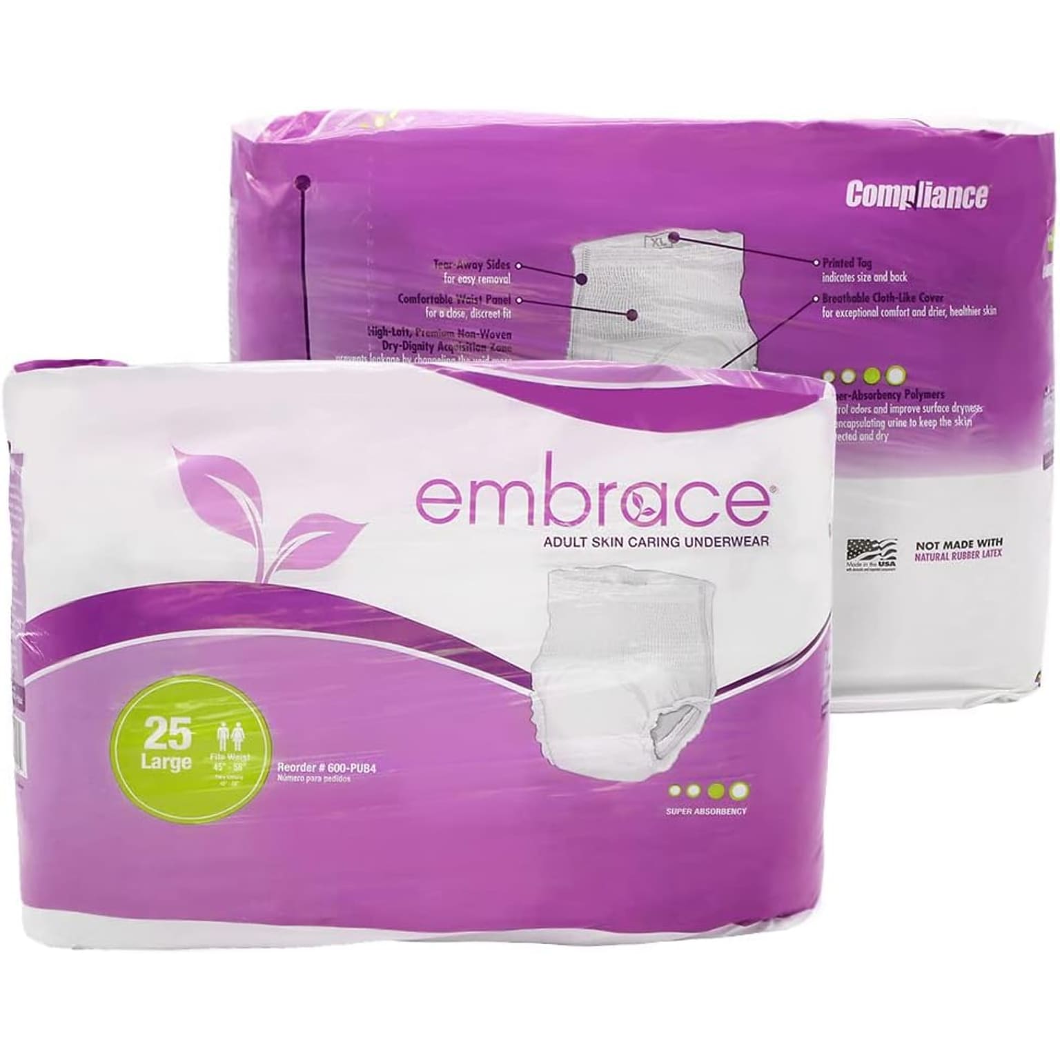 Embrace Adult Incontinence Underwear, Unisex, Large, Overnight, White, 25/Pack (600-PUB3)