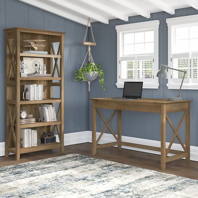 Bush Furniture Key West 48 Writing Desk with File Cabinet and 5-Shelf Bookcase, Reclaimed Pine (KWS