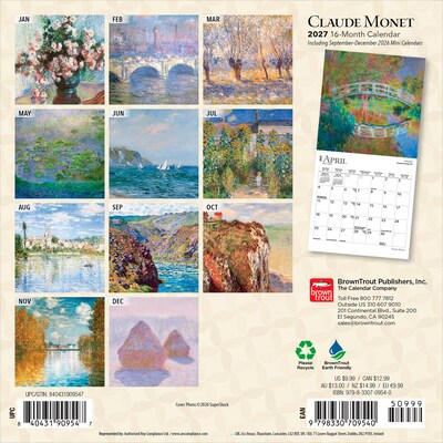 2027 BrownTrout Claude Monet 7 x 7 Monthly Wall Calendar (9798330709540)