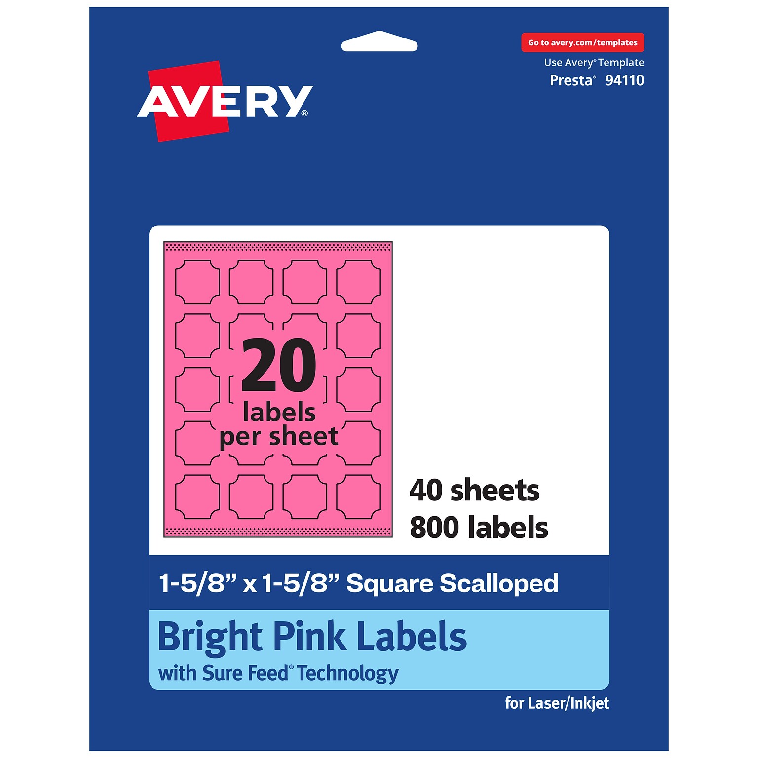 Avery Laser/Inkjet Square Scalloped Multipurpose Labels, 1-5/8 x 1-5/8, Bright Pink, 800/Pack (94110)