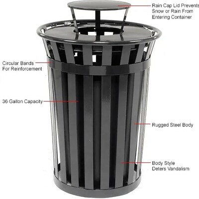 Global Industrial Outdoor Slatted Steel Trash Can w/ Rain Bonnet Lid, 36 Gallon, Black (260804BK)