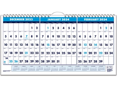 2024 House of Doolittle Compact 17 x 8 Three-Month Wall Calendar, White/Blue (3647-24)