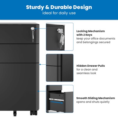 Mount-It! 3-Drawer Mobile File Cabinet, Letter/Legal Size, Lockable, 23.35"H x 11.81"W x 19.69"D, Black (MI-944B)