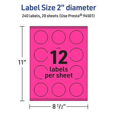 Avery Laser/Inkjet Round Multipurpose Labels, 2" Dia., Neon Magenta, 240/Pack (94501)
