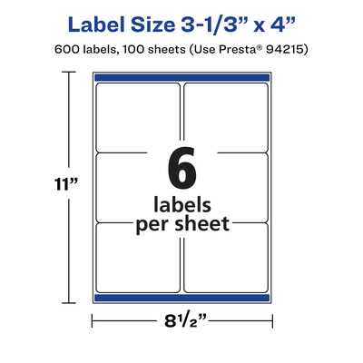 Avery Laser/Inkjet Rectangle Multipurpose Labels, 3.33" x 4", White, 600 Labels/Box  (94215)