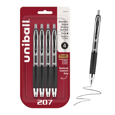 uniball 207 Retractable Gel Pens, Medium Point, 0.7mm, Black Ink, 4/Pack (33960)