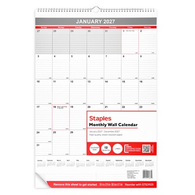 2027 Staples 15.5 x 22.75 Monthly Wall Calendar, White/Red/Gray (ST53925-27)