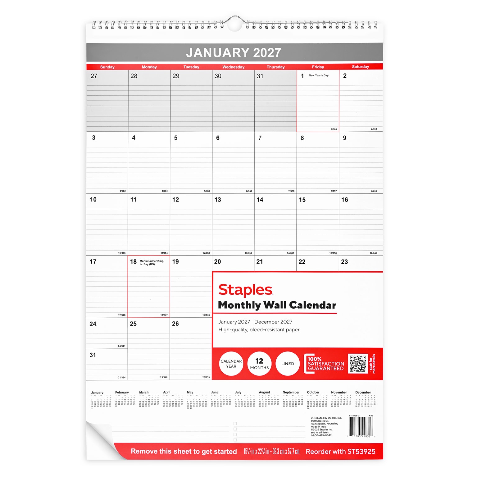 2027 Staples 15.5 x 22.75 Monthly Wall Calendar, White/Red/Gray (ST53925-27)