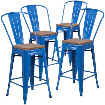 Flash Furniture Lily Contemporary Metal Vertical Back Counter Height Stool, Blue, 4-Pieces/Pack (4CH3132024GBBLW)
