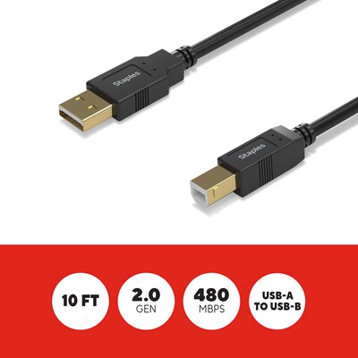 Staples TECH 10 ft. USB-A to USB-B 2.0 Cable, Male to Male, Black (ST62443)