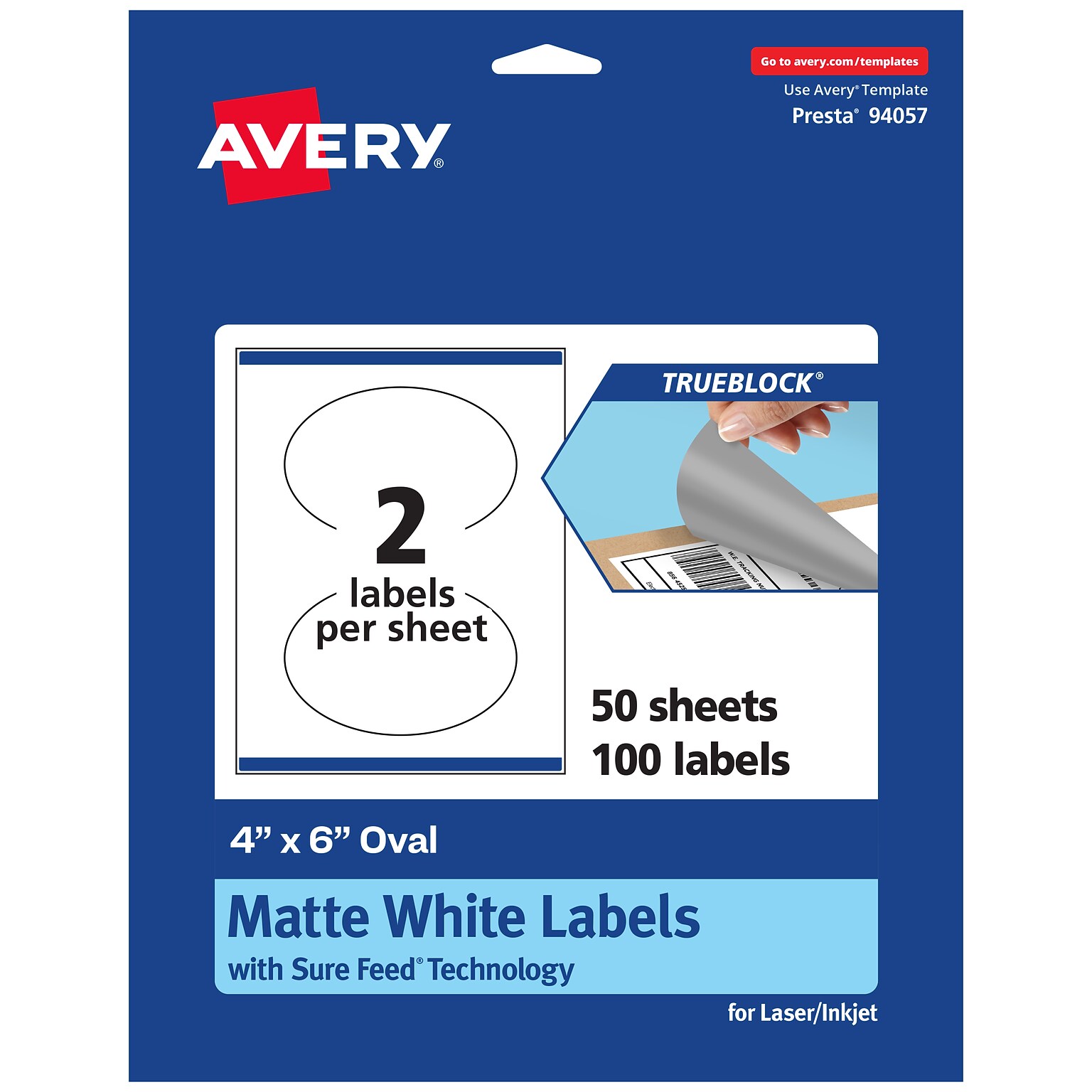 Avery TrueBlock Laser/Inkjet Oval Multipurpose Labels, 4 x 6, White, 100/Box (94057)