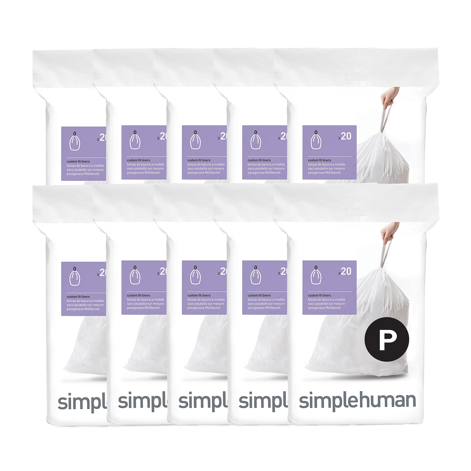 simplehuman Code P 13-16 Gallon Trash Bag, 50% PCR, 23.6 x 31.4, Low Density, 1.18 mil, White, 200 Total Bags (CW0578)