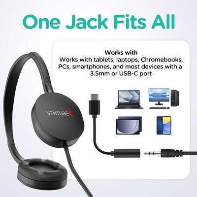 VentureX K22 Stereo Kids Learning Phone & Computer Headphone, 3.5mm & USB-C Adapter, Black, 50/Pack (VHPK22BD1M50)