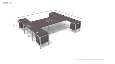 Boss Office Products Simple System 60W L-Shaped Desk with Pedestal, Driftwood, 4/Set (SGSD018-201)