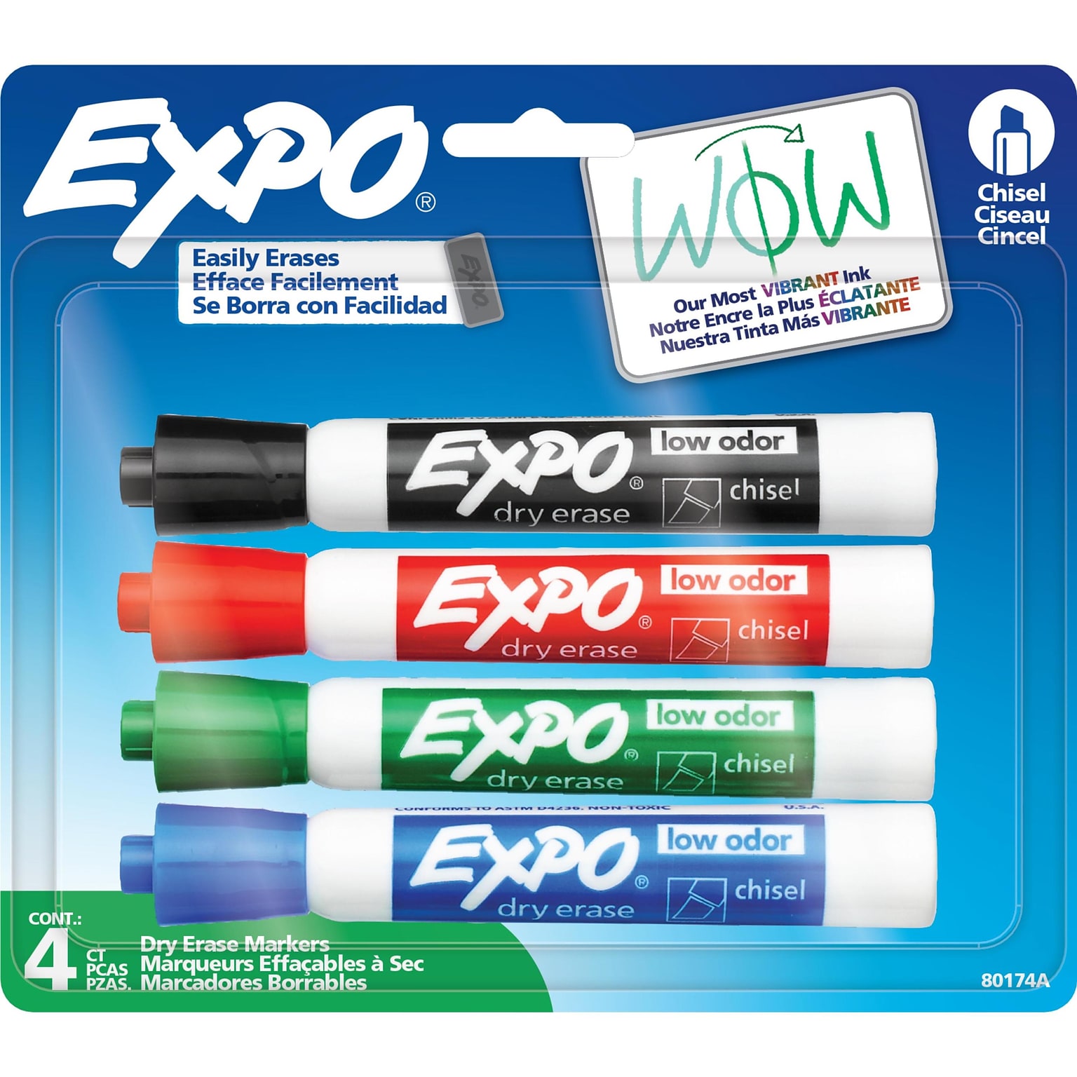 Expo Tank Dry Erase Marker, Chisel Tip, Assorted Colors, 4/Pack (80174)
