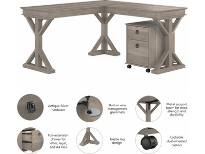 Bush Furniture Homestead 60"W L-Shaped Desk with Mobile File Cabinet, Driftwood Gray (HOT002DG)