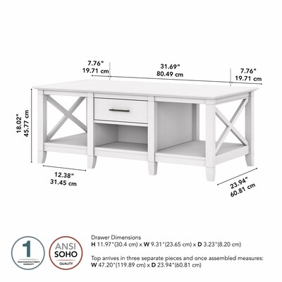 Bush Furniture Key West 47" x 24" Coffee Table, Pure White Oak (KWT148WT-03)