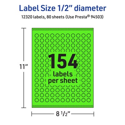 Avery Laser/Inkjet Multipurpose Circle Labels, 0.5" Dia., Neon Green, 12320/Box (94503)
