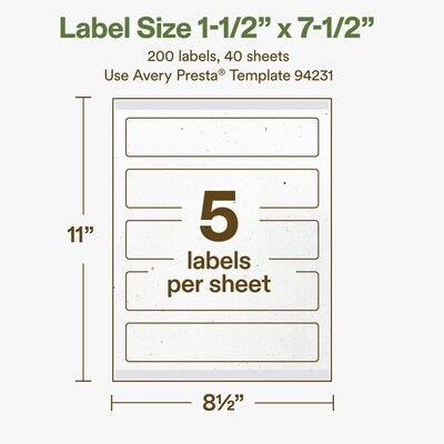 Avery Hemp Rectangle Laser/Inkjet Multipurpose Labels, 1-1/2" x 7-1/2", Off-White (200/Box)