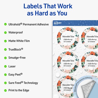 Avery Round Laser Multipurpose Labels, 2 Dia., White, 300/Pack (19479399405)