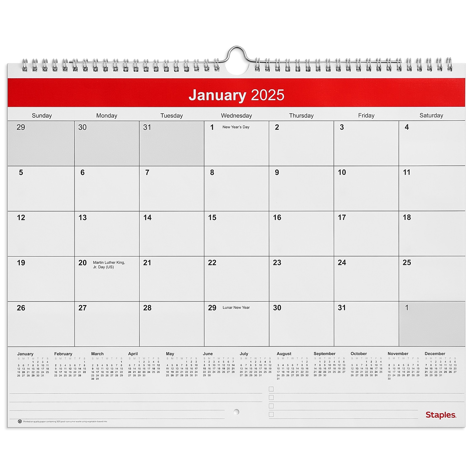 2025 Staples 15 x 12 Wall Calendar, Red/White (ST52080-25)