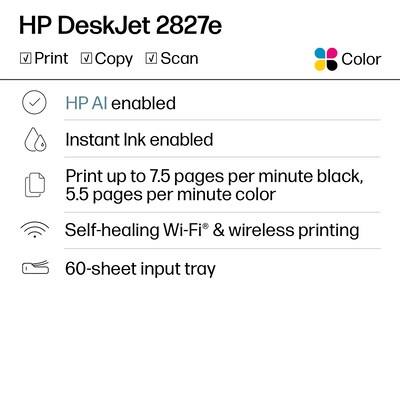 HP DeskJet 2827e Wireless Color All-In-One Inkjet Printer, Best for Home, 3 Months Free Instant Ink