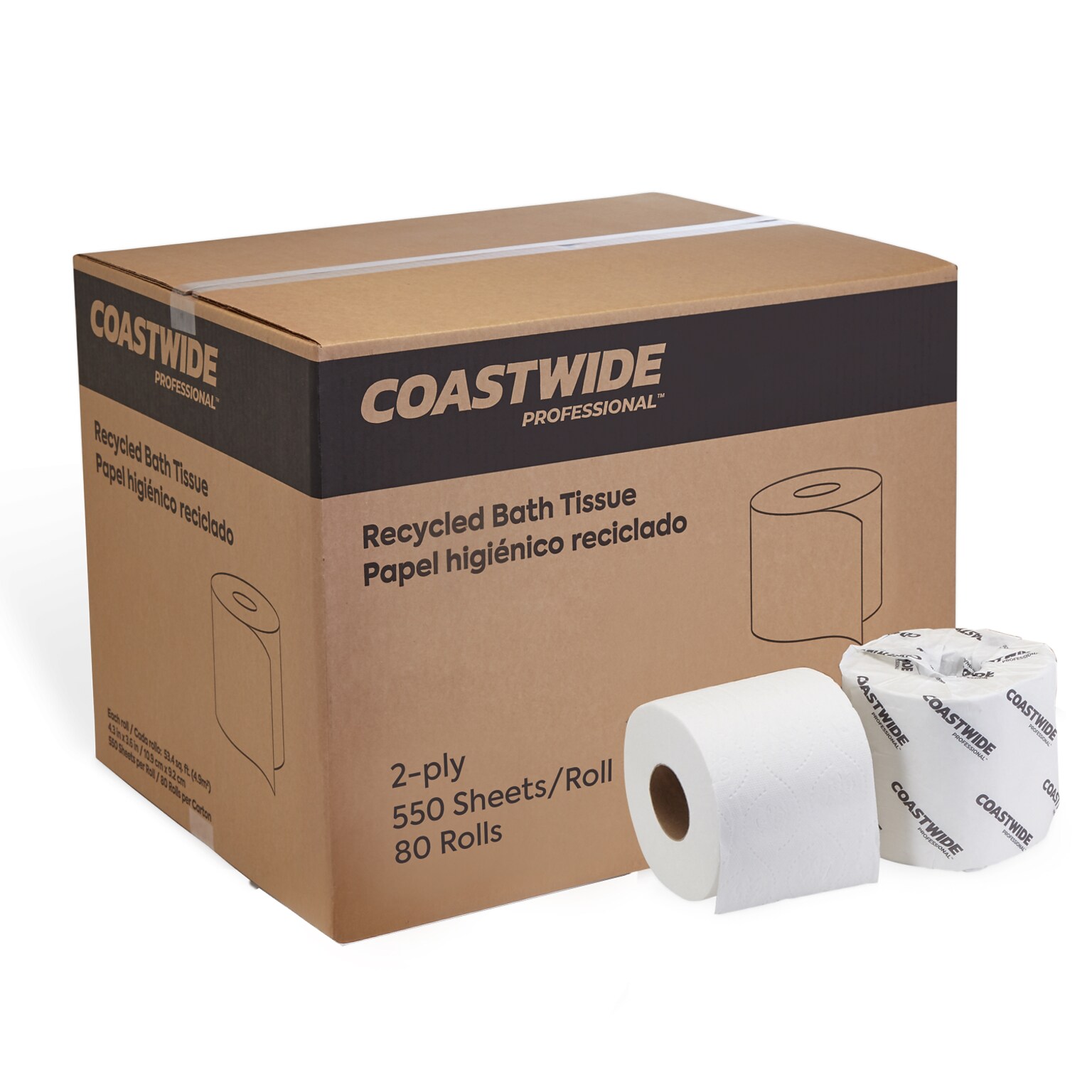 Coastwide Professional Recycled Toilet Paper, 2-ply, White, 550 Sheets/Roll, 80 Rolls/Carton