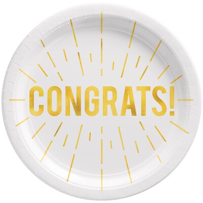 Party City CONGRATS! 9 Paper Plates, White/Gold, 8 Plates/Pack (AM59050121-ST)
