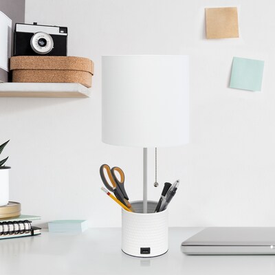 Simple Designs Hammered Metal Organizer 18.50" LED Table Lamp with USB Charging Port, White (LT1085-WHT)