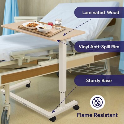 Medacure Adjustable Bedside Table w/ Wheels, 50 lb. Capacity, Light Oak (OB2845-LW)