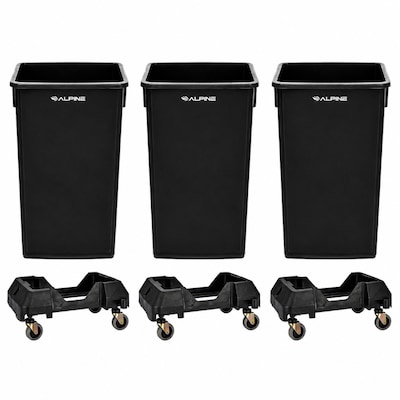 Alpine Industries Polypropylene Trash Can and Dolly, 23 Gallon, Black, 3/Pack (477-BLK-3PKD)