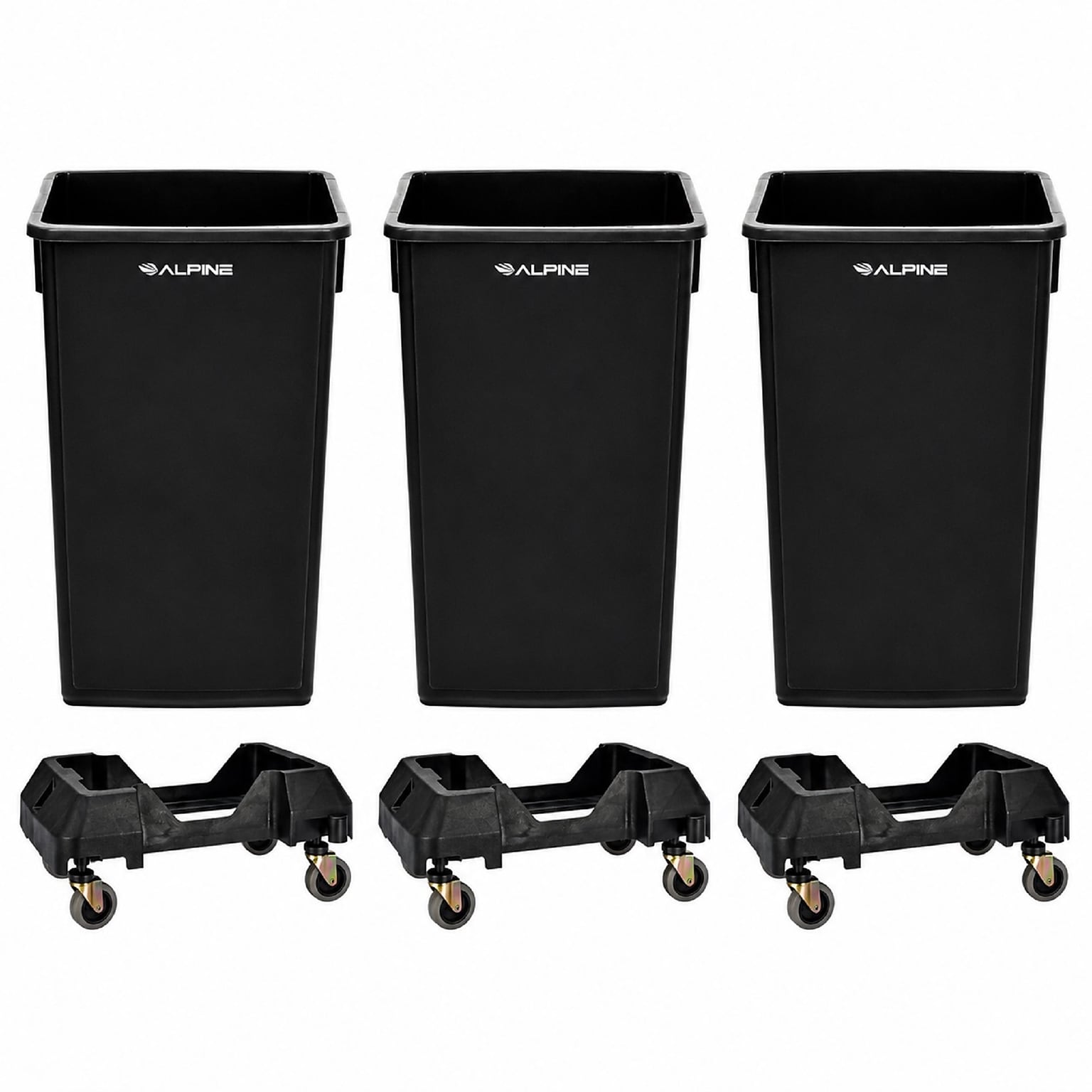 Alpine Industries Polypropylene Trash Can and Dolly, 23 Gallon, Black, 3/Pack (477-BLK-3PKD)