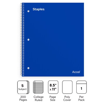 Staples Premium Poly 5-Subject Notebook, 8.5 x 11, College Ruled, 200 Sheets, Blue (TR58318)