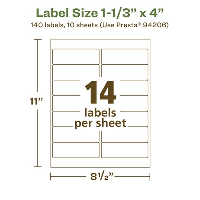 Avery EcoFriendly Laser/Inkjet Rectangle Multipurpose Labels, 1-1/3" x 4", White, 140/Pack (94206)