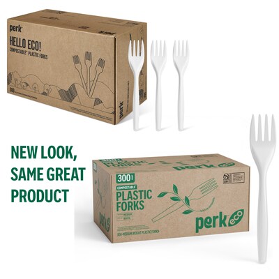 Perk™ Eco Compostable PLA Fork, Medium-Weight, White, 300/Pack (PK56201)