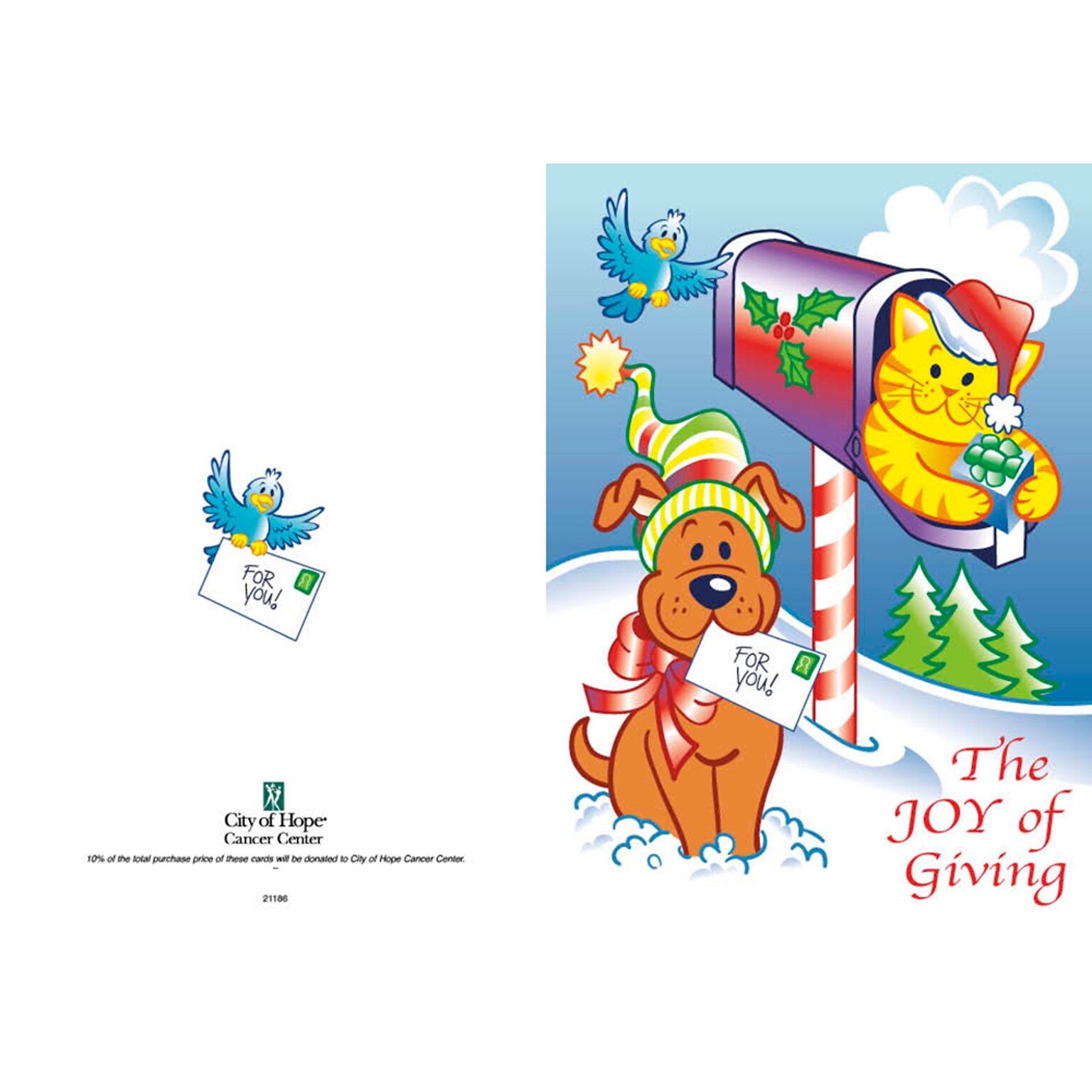 The joy of giving dog, bird and cat in mailbox - 7 x 10 scored for folding to 7 x 5, 25 cards w/A7 env per set