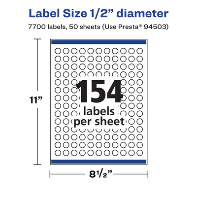 Avery Laser/Inkjet Round Multipurpose Labels, 0.5" Dia., White, 7,700 Labels/Box (94503)