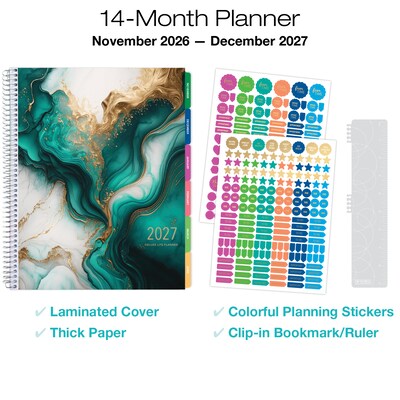2027 Excello Brands 8.5 x 11 Weekly & Monthly Planner, Paperboard Cover, Teal/Gold Marble (NRY27-DL-54)