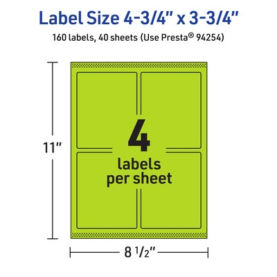 Avery Printable Rectangle Multipurpose Labels, 4.75" x 3.75", Bright Green, 160/Pack (94254)