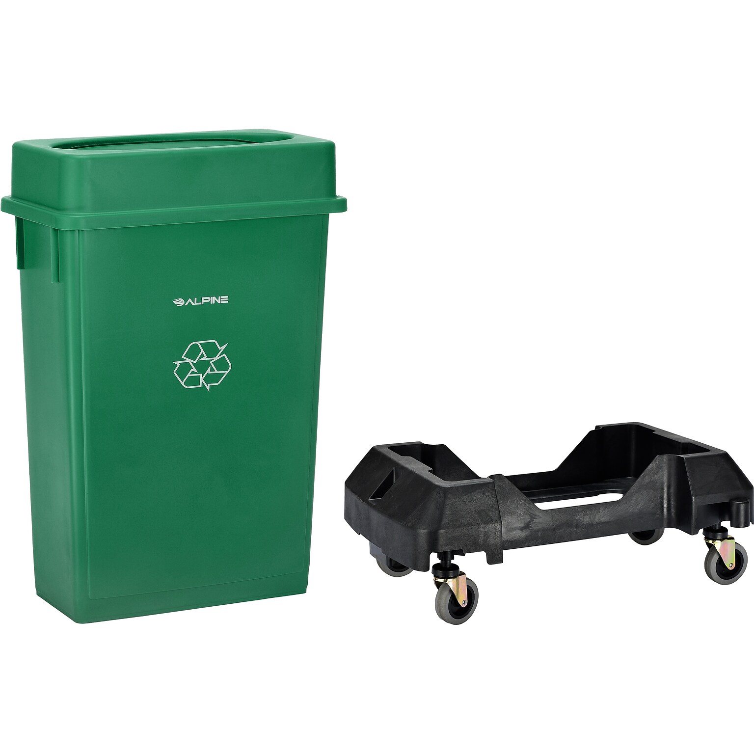 Alpine Industries Polypropylene Recycling Bin with Lid and Dolly, 23 Gallon, Green (ALP477-GRN2-PKD)