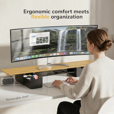 Mount-It! Extra Wide Monitor Riser with Drawers and Shelf, Holds up to 66 lbs., Bamboo, (MI-7369)