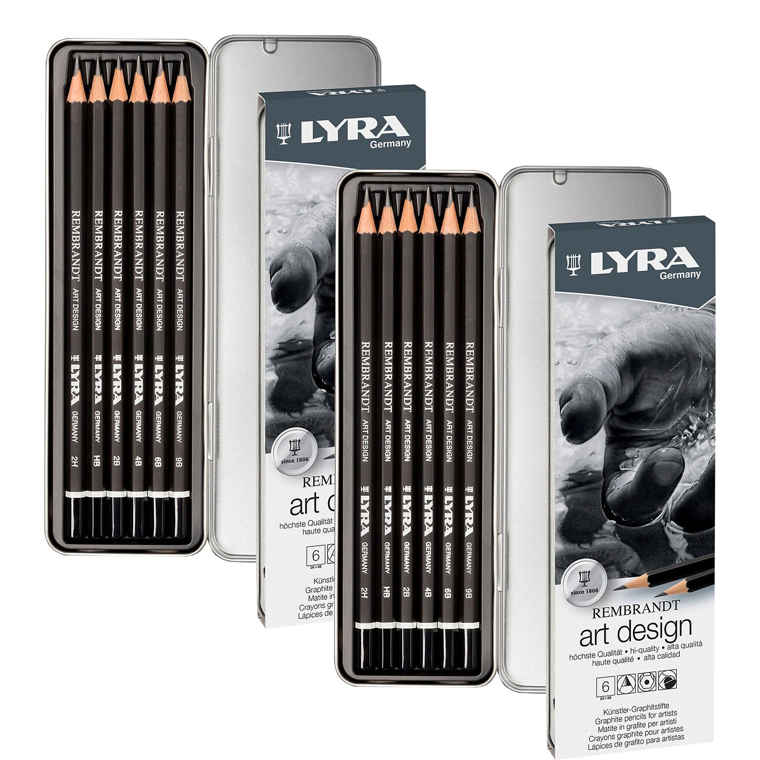 Lyra Rembrandt Art Design Graphite Drawing Pencil Set Tin, Assorted Colors, 6 Pencils/Set, 2 Sets/Bundle (LYXL1111062-2)