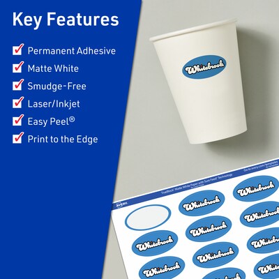 Avery TrueBlock Laser/Inkjet Oval Multipurpose Labels, 1-1/8 x 2-1/4, White, 2100/Box (94054)