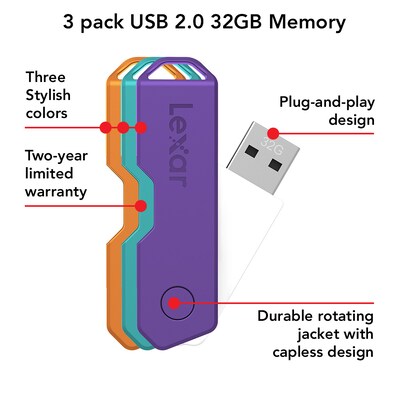 Lexar Twist Turn2 32GB USB 2.0 Type-A Flash Drive, Teal/Purple/Orange, 3/Pack (LJDTT2-32GABNA3)