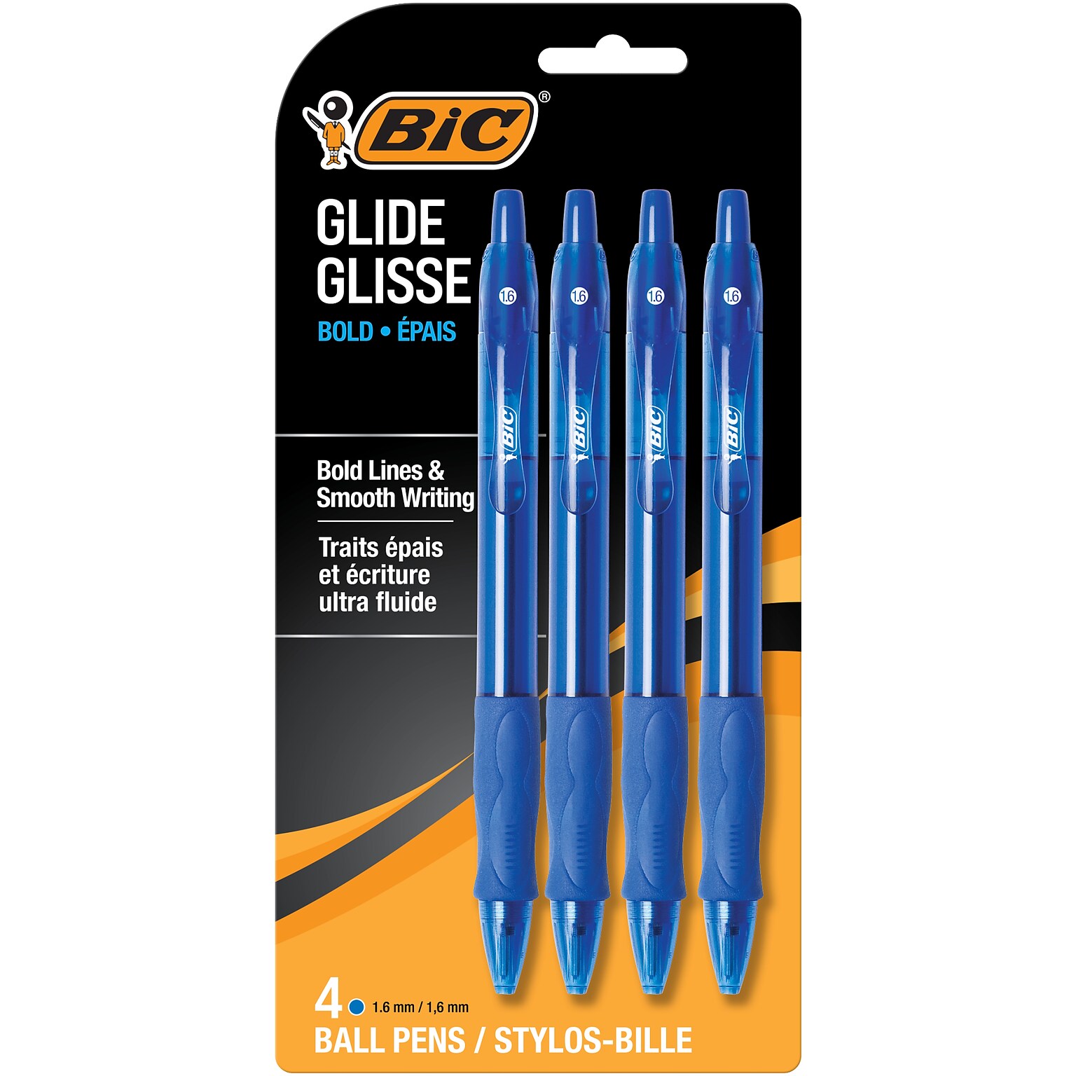 BIC Glide Bold Retractable Ballpoint Pen, Bold Point, 1.6mm, Blue Ink, 4/Pack (VLGBP41-BLU)