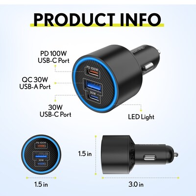 Overtime A60 130W 3-Port USB-C and USB-A Car Phone Charger, Black (OCA60BK)