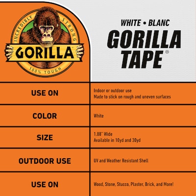 Gorilla Heavy Duty Duct Tape, 1.88" x 30 yds., White (6025001)