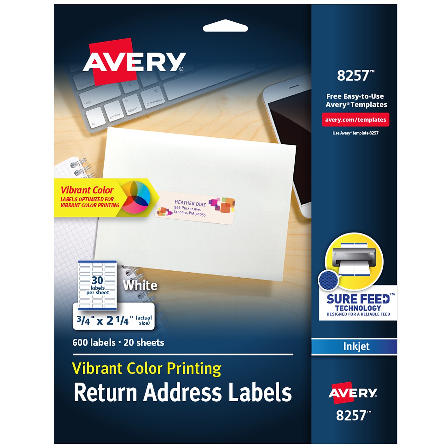 Avery Sure Feed Inkjet Return Address Labels, 3/4 x 2-1/4, 600 Labels/Pack (8257)