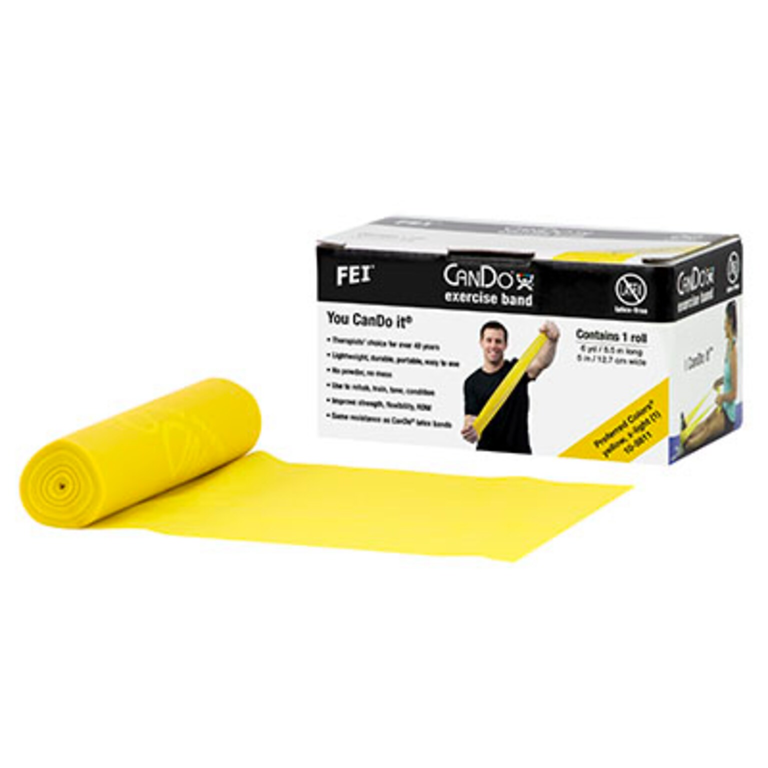 CanDo® Latex Free Exercise Band;  6 yard roll, Yellow, x-light